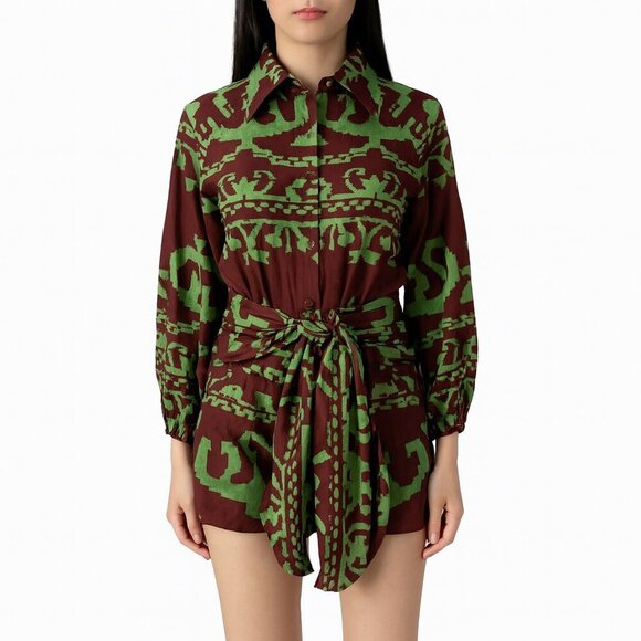 Alexis Tops - Alexis Bahia Green Brown Belted Linen Cotton Blouse Top S